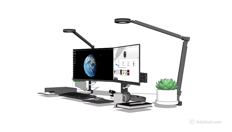Ergonomic Computer Workspace With Monitor Adjustable Desk Lamp And Small Green Plant 3d model 