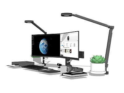 Ergonomic Computer Workspace With Monitor Adjustable Desk Lamp And Small Green Plant 3d model