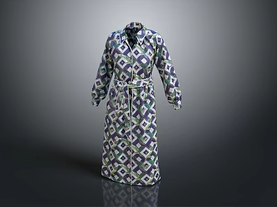 Stylish Unique Long Belted Robe With Blue Green White Geometric Pattern 3d model