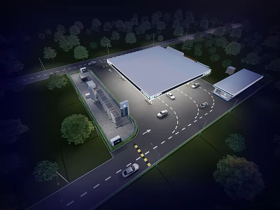 Gas Station Night View Design With Canopy Trees Road And Vehicles 3d model
