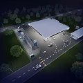 Gas Station Night View Design With Canopy Trees Road And Vehicles