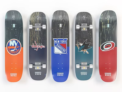 Skateboards With Various Hockey Team Logos And Colorful Unique Designs 3d model