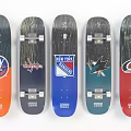Skateboards With Various Hockey Team Logos And Colorful Unique Designs