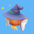 Cute Orange Goldfish Wearing Wizard Hat Holding Magic Wand Against Blue Background With Stars