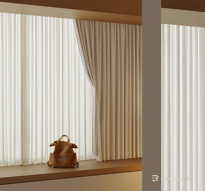 Beige And White Window Curtains With Sheer Layers And Brown Bag On Window Sill 3d model 