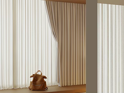 Beige And White Window Curtains With Sheer Layers And Brown Bag On Window Sill 3d model