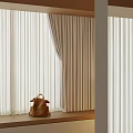 Beige And White Window Curtains With Sheer Layers And Brown Bag On Window Sill