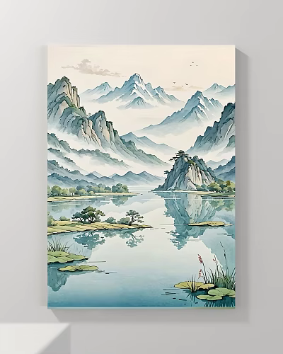 Traditional Chinese Landscape Painting With Misty Mountains Calm Lake And Clear Reflections 3d model