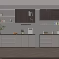 Modern Kitchen Sideboard With White And Dark Brown Cabinets Shelves And Decorative Items
