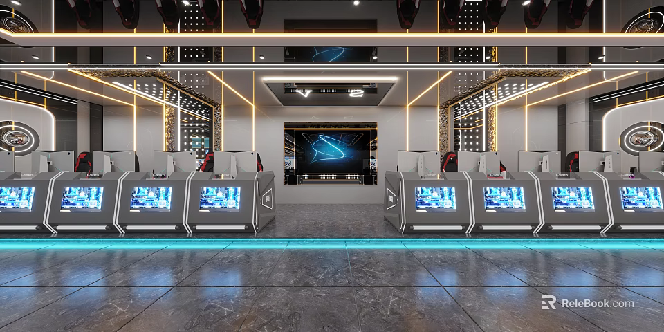 Modern Cybercafe Space Featuring High Tech Computers And Ambient Lighting 3d model