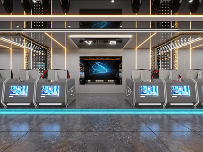 Modern Cybercafe Space Featuring High Tech Computers And Ambient Lighting 3d model