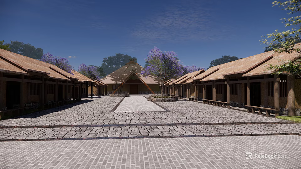 Traditional Thatched Roof Buildings With Stone Paved Courtyard And Purple Trees 3d model 