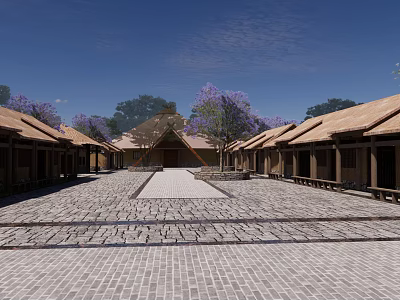 Traditional Thatched Roof Buildings With Stone Paved Courtyard And Purple Trees 3d model