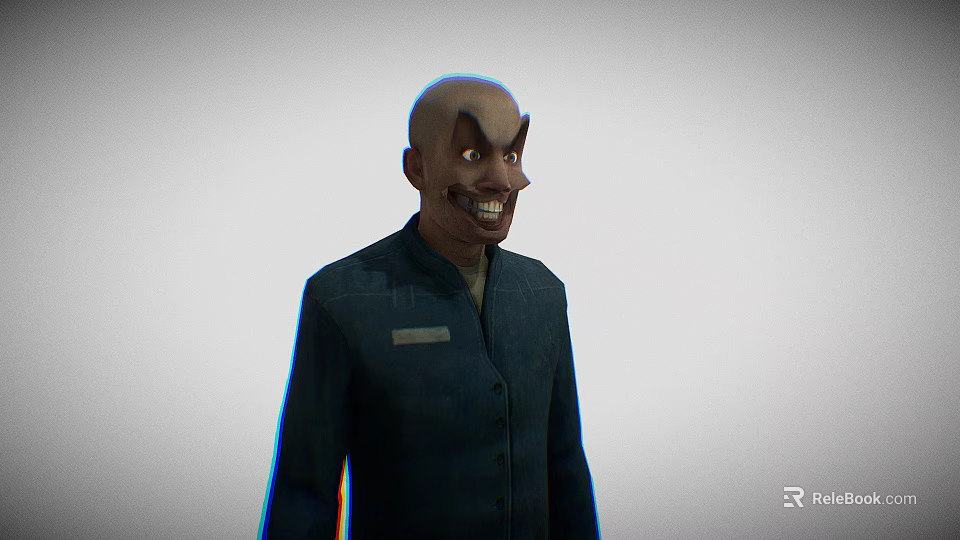 3D Model Of Bald Man With Exaggerated Grin In Dark Coat And Badge 3d model 