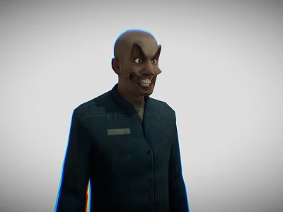3D Model Of Bald Man With Exaggerated Grin In Dark Coat And Badge 3d model