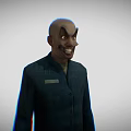 3D Model Of Bald Man With Exaggerated Grin In Dark Coat And Badge