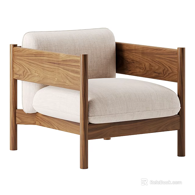 Modern Accent Chair With Walnut Wood Frame And Linen Upholstered Cushion 3d model 