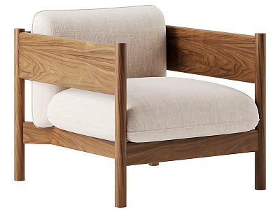 Modern Accent Chair With Walnut Wood Frame And Linen Upholstered Cushion 3d model