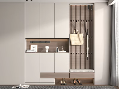 Modern Shoe Cabinet Interior Design With White Doors Bag Hooks And Storage Bench 3d model