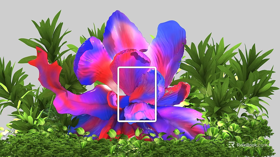 Stunning Vibrant Purple and Pink Flower with Lush Green Leaves and Plants 3d model 