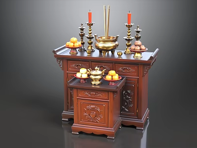 Traditional Wooden Carved Buddhist Shrine Cabinet with Candles Incense Burner Fruits and Decorative Items 3d model