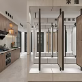 Modern Exhibition Area Interior With White Display Platform Devices TV Screen And Gold White Chandeliers