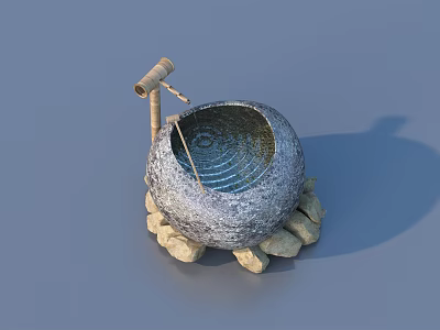 Round Stone Basin Water Fountain With Wooden Spout And Rock Base 3d model