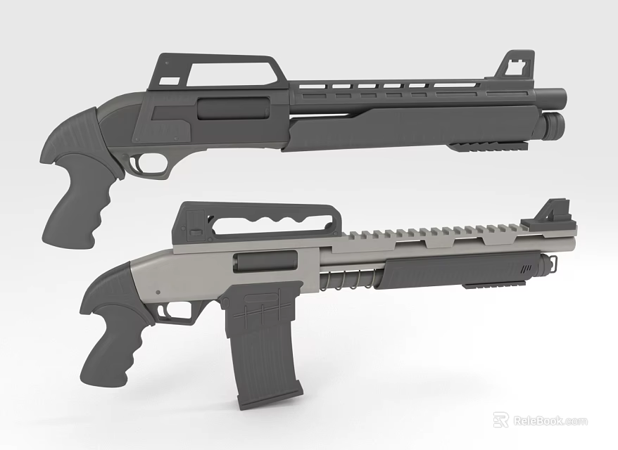 Two Tactical Shotguns With Dark And Light Colors Featuring Rail Systems And Grips 3d model 