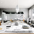 Modern Public Office Space With Blueprints On Desk Statues Desk Lamp And Plants By Window