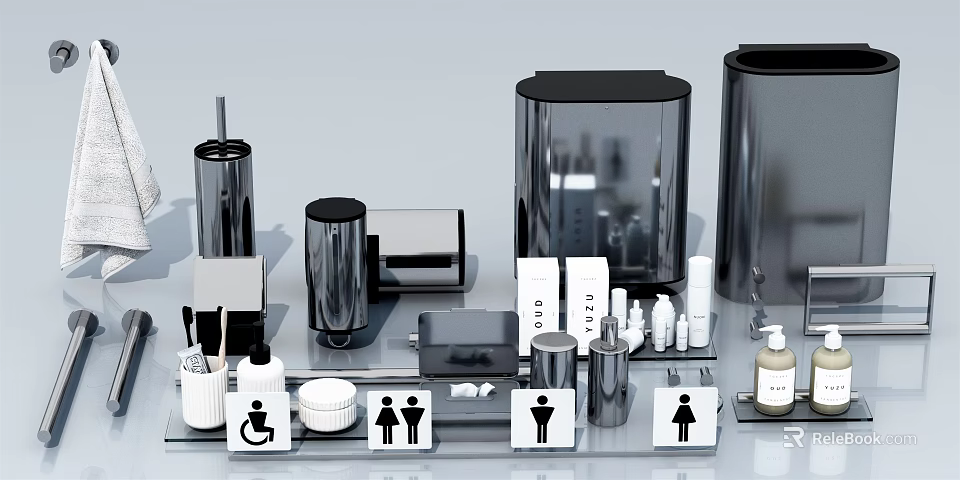 Modern Bathroom Accessories With Soap Dispenser Tumbler Trash Can And Toilet Signs 3d model 