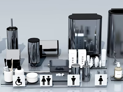 Modern Bathroom Accessories With Soap Dispenser Tumbler Trash Can And Toilet Signs 3d model
