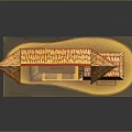 Cartoon Scene of Traditional Decorated Pavilion with Yellow Red Roof and Floral Patterns Wooden Pillar
