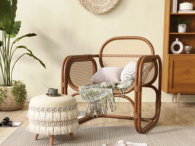 Cozy Rattan Leisure Chair with Pillow and Blanket Near Green Plant and Wooden Ottoman 3d model