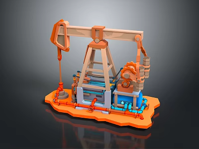 3D Model Oil Pump Jack Design Featuring Orange Base Blue Pipes And Gears 3d model