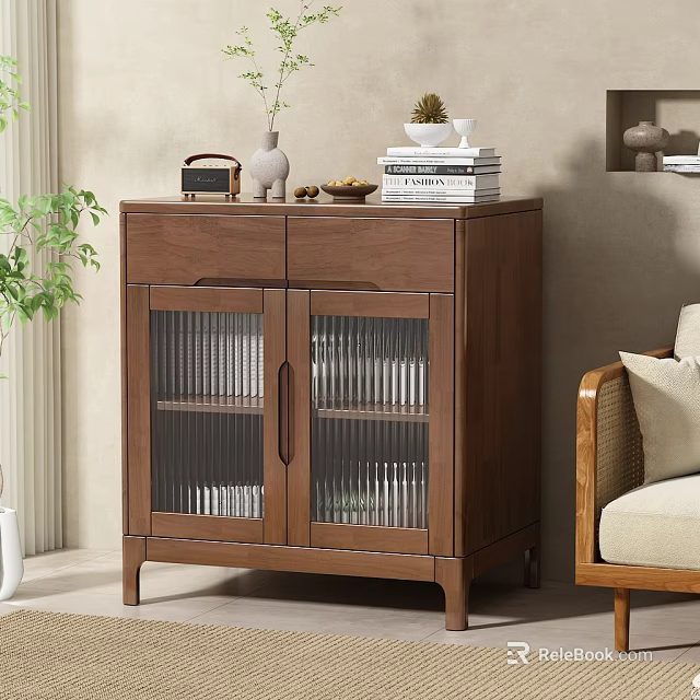Wooden Sideboard With Glass Doors Vertical Slats And Decorative Vase Books Plant On Top 3d model 