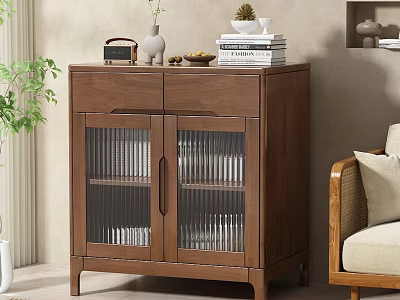 Wooden Sideboard With Glass Doors Vertical Slats And Decorative Vase Books Plant On Top 3d model