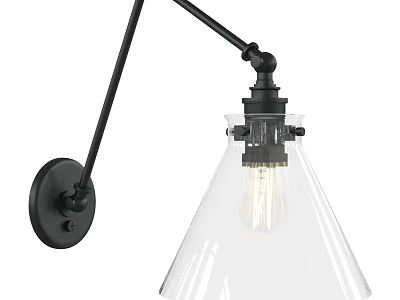 Modern Industrial Wall Sconce With Black Metal Arm Transparent Cone Glass Shade And Edison Bulb 3d model