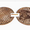 Road Infrastructure Circular Manhole Covers With Grid Pattern And Worn Stained Surface 3d model