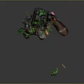 Giant Game Character Monster With Small Green Figures In Yellow Clothing Flag Bearer And Spears