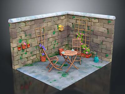 Cartoon Courtyard Corner With Stone Wall Trellis Flower Pots And Wooden Table Chairs 3d model