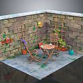 Cartoon Courtyard Corner With Stone Wall Trellis Flower Pots And Wooden Table Chairs