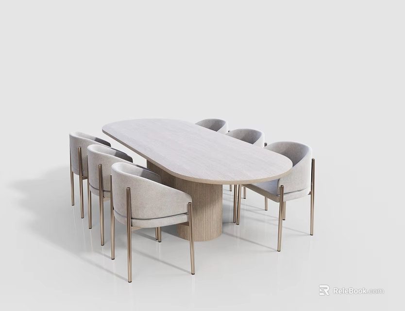 Minimalist Dining Table Set With Oval Light Colored Tabletop And Six Light Gray Upholstered Chairs 3d model