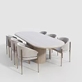 Minimalist Dining Table Set With Oval Light Colored Tabletop And Six Light Gray Upholstered Chairs 3d model