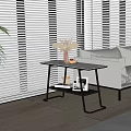 Modern Black Metal Side Table With Two Tier Design By White Sofa And Window Blinds