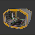 Yellow And Gray Hexagonal Industrial Chamber Interior With Seats And Equipment