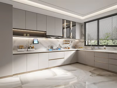 Modern Kitchen Interior Design With Light Gray Cabinets Marble Countertops And Windows With Blinds 3d model
