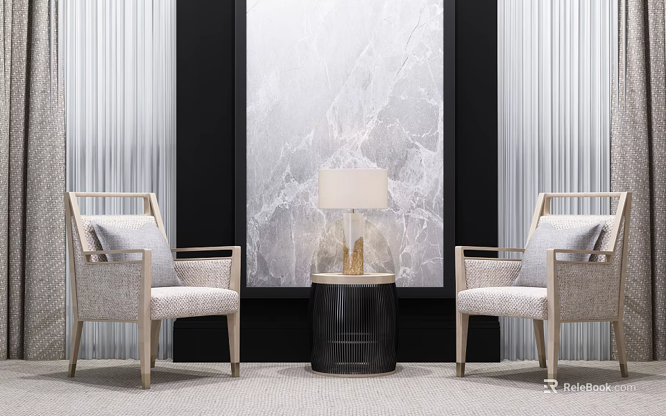 Modern Elegant Accent Chair Set With Beige Cushions Black Side Table And Marble Wall Art 3d model 