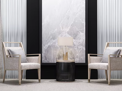 Modern Elegant Accent Chair Set With Beige Cushions Black Side Table And Marble Wall Art 3d model