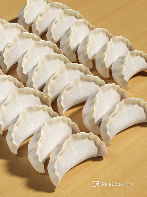 White Fresh Handmade Dumplings Neatly Arranged In Rows On Wooden Board 3d model 