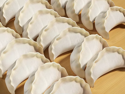 White Fresh Handmade Dumplings Neatly Arranged In Rows On Wooden Board 3d model